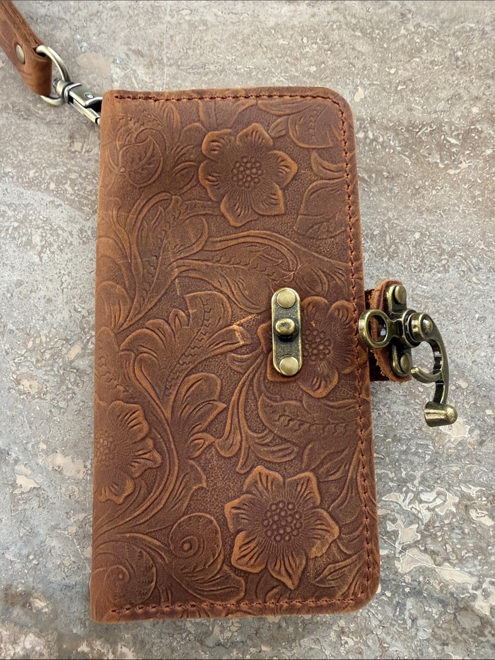 Brown Tooled Floral Leather Phone Case Wristlet Wallet 16 Pro